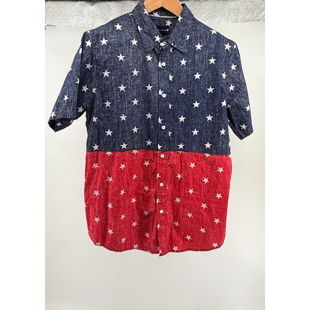 Ocean Current Mens Large Star Print Patriotic Red Blue Short Sleeve Button Up